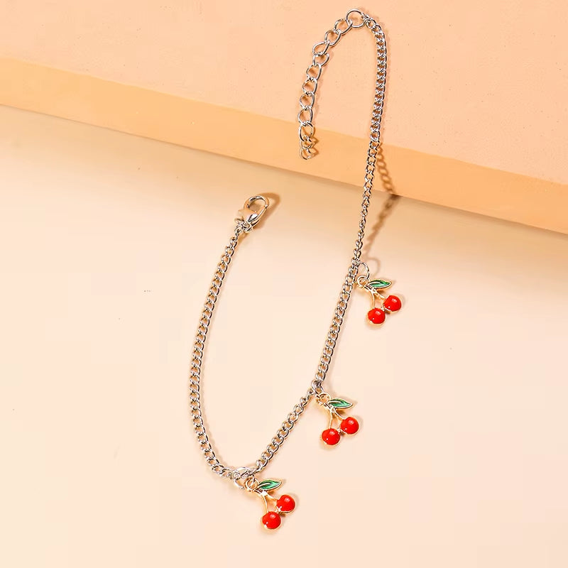 Fashion Charm Red Cherry Anklets for Women Silver Color Chain Adjustable Bracelets Anklet Ankle Jewelry Beach Party Gifts