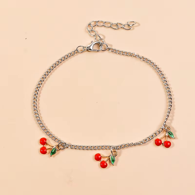 Fashion Charm Red Cherry Anklets for Women Silver Color Chain Adjustable Bracelets Anklet Ankle Jewelry Beach Party Gifts